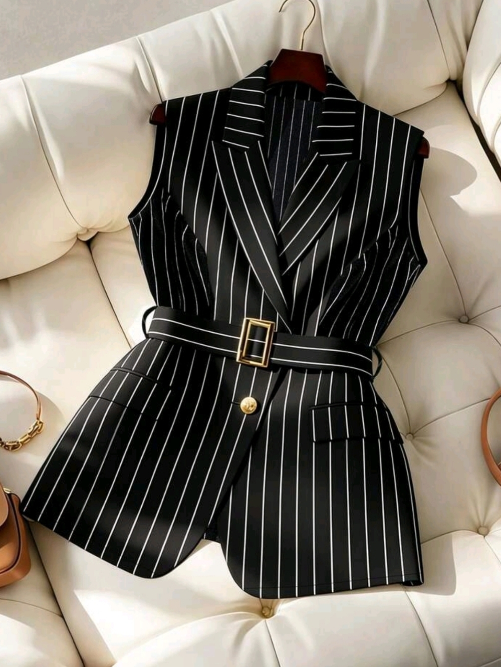 Women's Casual/Office Commute Striped Print Peak Collar Buckle Belted Vest